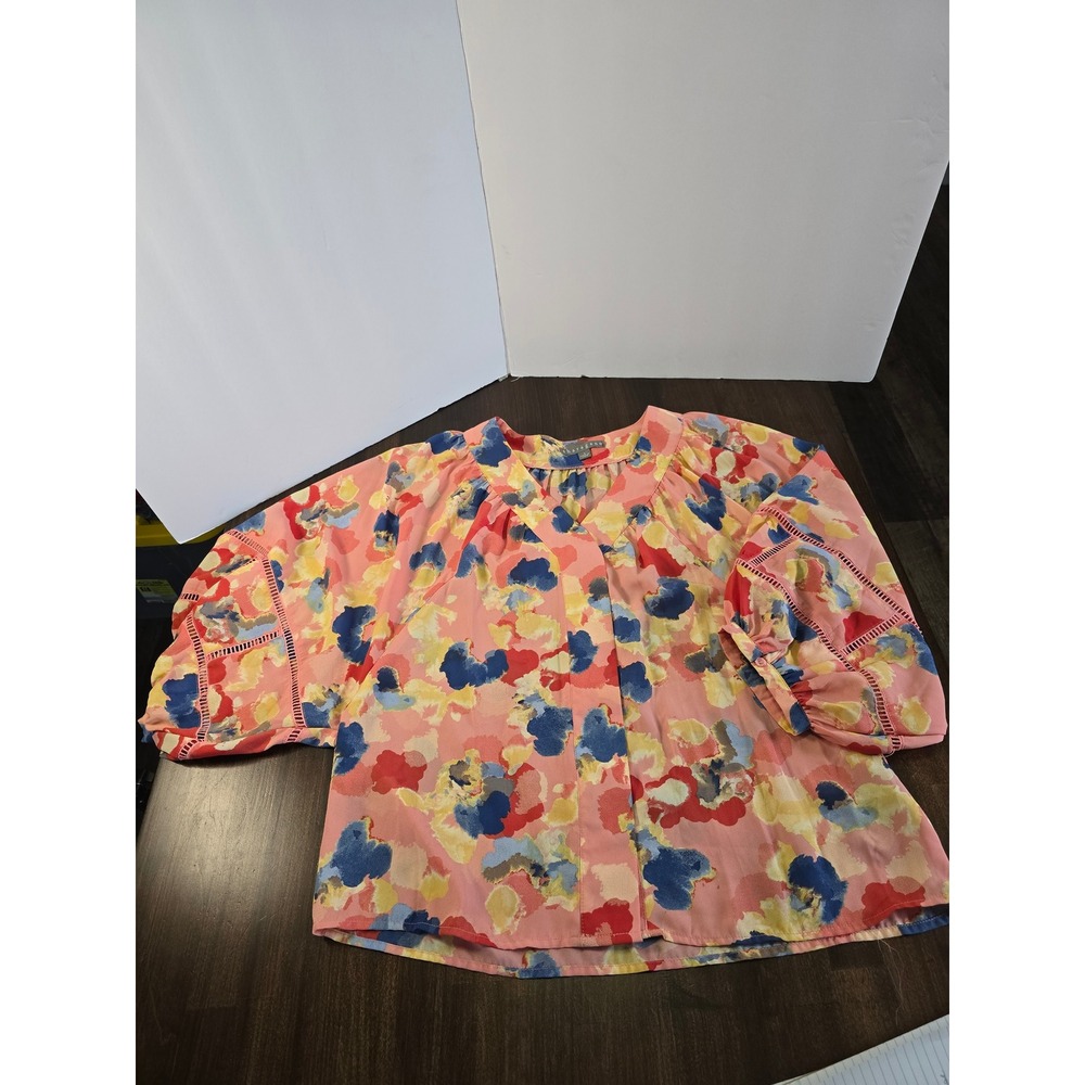Sharagano Floral V-Neck Blouse Pink Blue Yellow Watercolor Ladder Lace Sleeve L